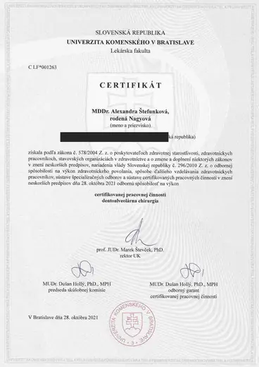Certifikát – dentoalveolárna chirurgia – Univerzita Komenského v Bratislave, Lekárska fakulta, 2021