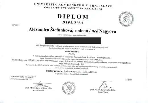 Diplom doktora zubného lekárstva (MDDr.) – Univerzita Komenského v Bratislave, Lekárska fakulta, 2017