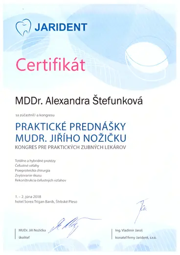 Praktické prednášky MUDr. Jiřího Nožičku – kongres – Jarident, Štrbské Pleso, 2018