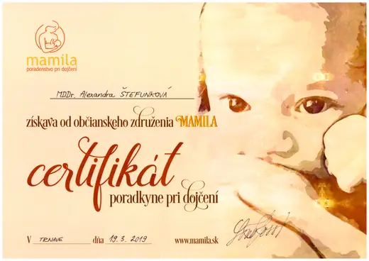 Certifikát poradkyne pri dojčení – OZ Mamila, 2019