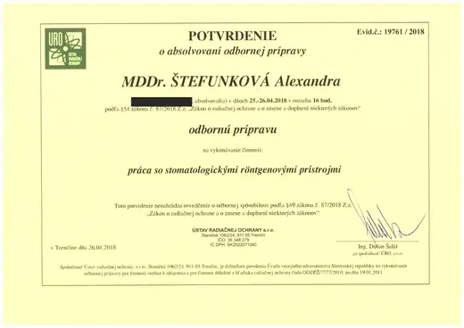 Odborná príprava – práca so stomatologickými röntgenovými prístrojmi – Ústav radiačnej ochrany, Trenčín, 2018