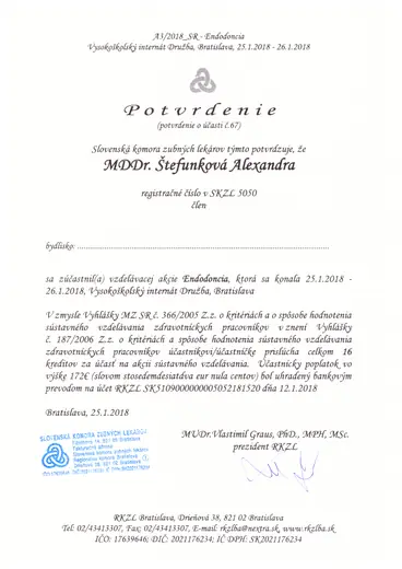 Endodoncia (16 kreditov) – Slovenská komora zubných lekárov, Bratislava, 2018