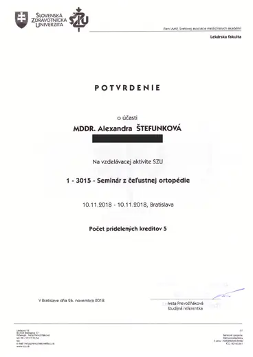 Seminár z čeľustnej ortopédie – Slovenská zdravotnícka univerzita, Bratislava, 2018